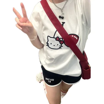 Sanrio T-Tričko Hello Kitty Roztomilý Kreslený Krátky Rukáv Dievča Kawaii Bavlna Lete Cherry Kt Mačka Tlače Roztomilej Príležitostné Voľné Dievča Top
