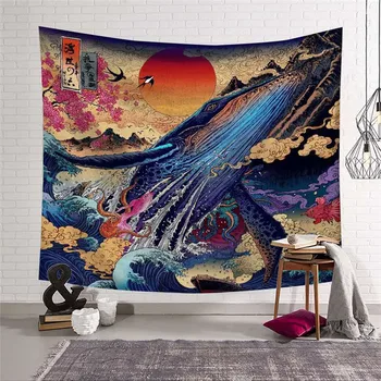 Home decor Japonsko Kanagawa Vlny Vytlačené Visí Gobelín Veľryba Arowana Stene Visí Tapisérie Boho prehoz cez posteľ Yoga Mat Deka